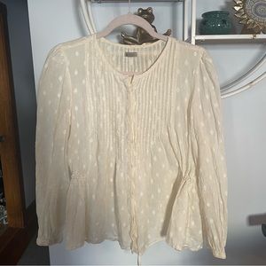 Ecote Women's Medium M Cream Polka Dot Bohemian Blouse Peasant Shirt Tie Waist